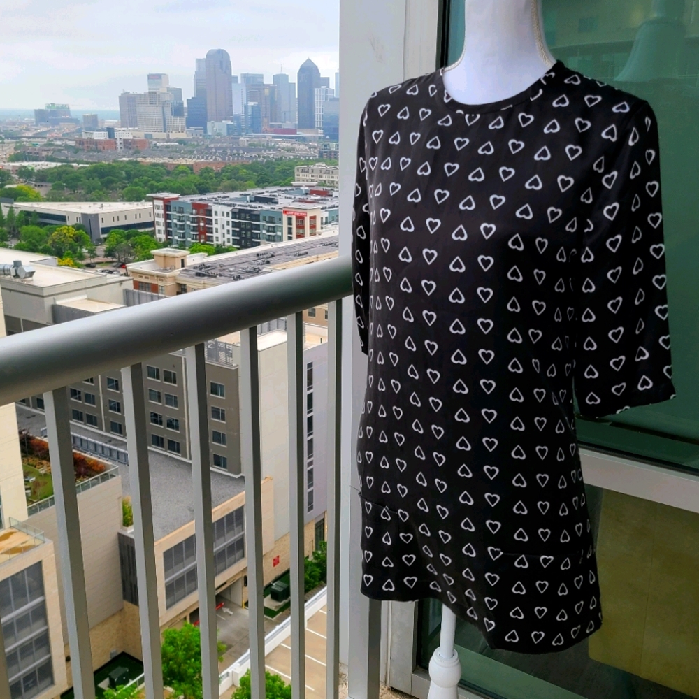 Equipment Silk Black w/ White Hearts Shift Dress S
